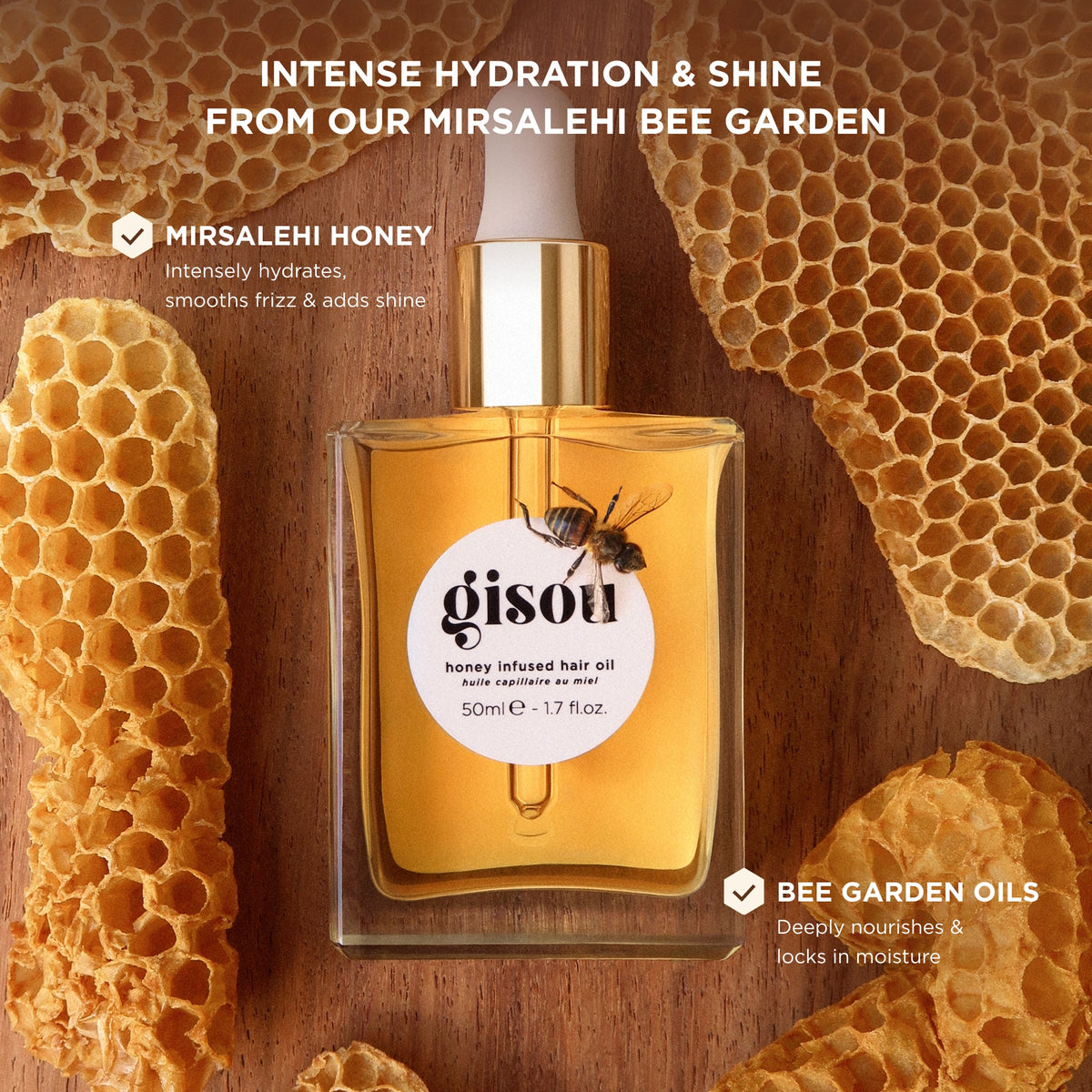 Hair oil bottle surrounded by honeycombs.