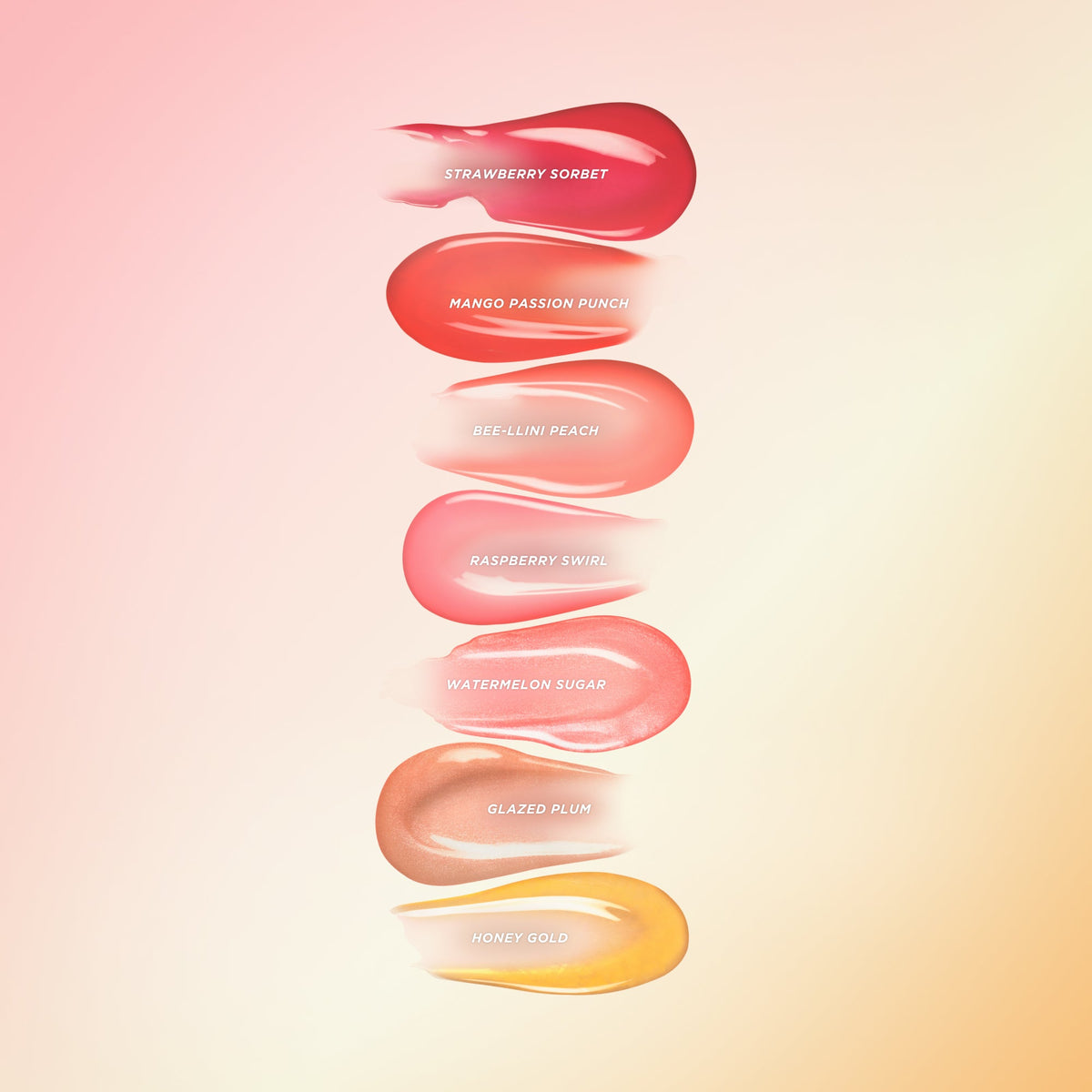 Seven different Gisou lip oil swatches.