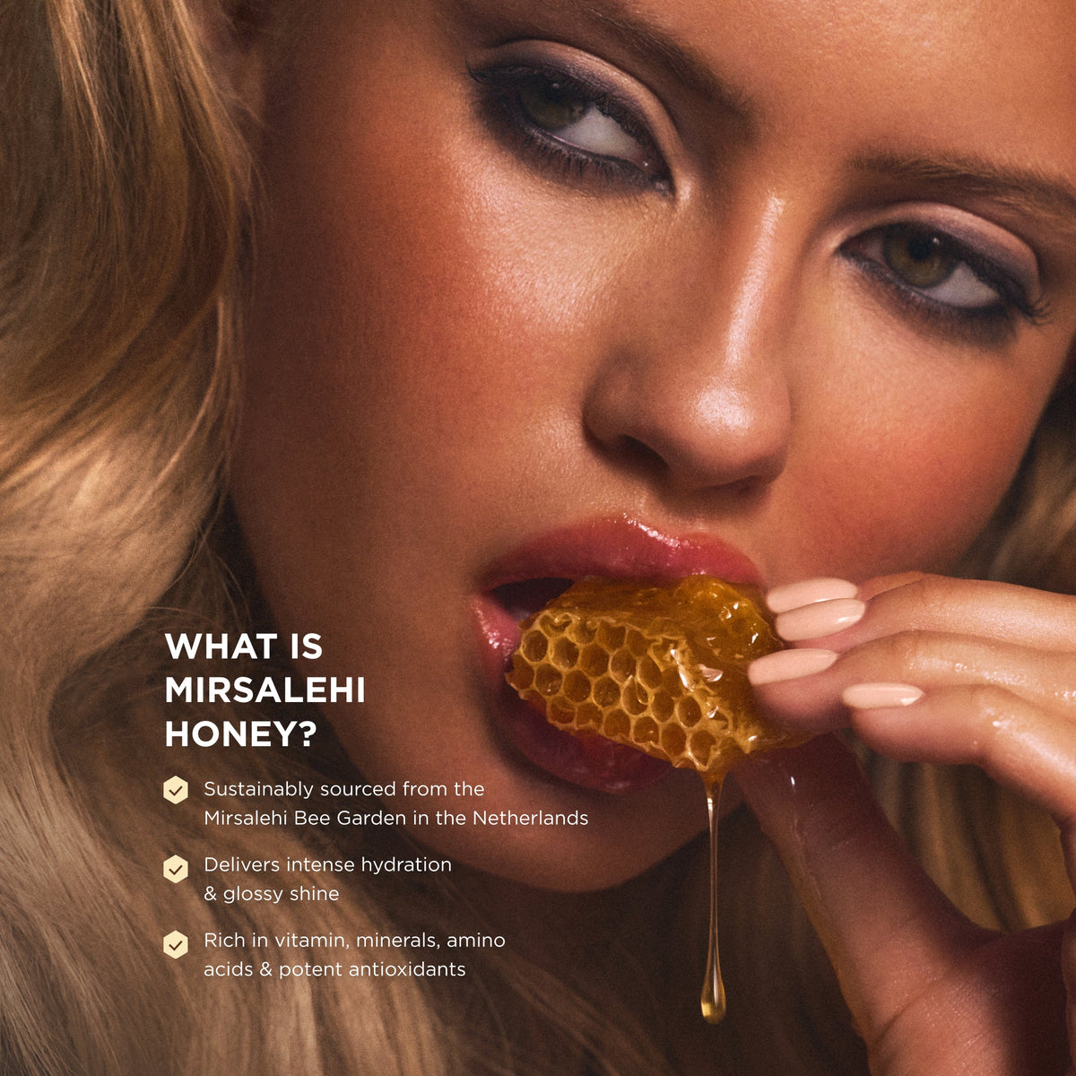 Model eating a honeycomb.