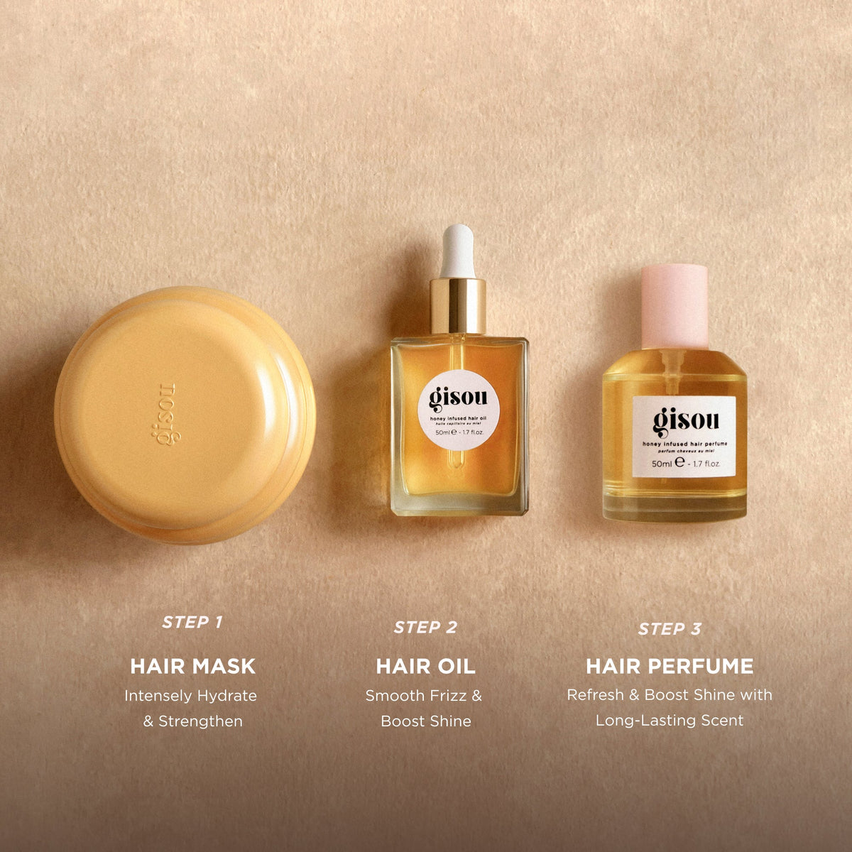A hair care routine with a hair mask, hair oil and hair perfume.